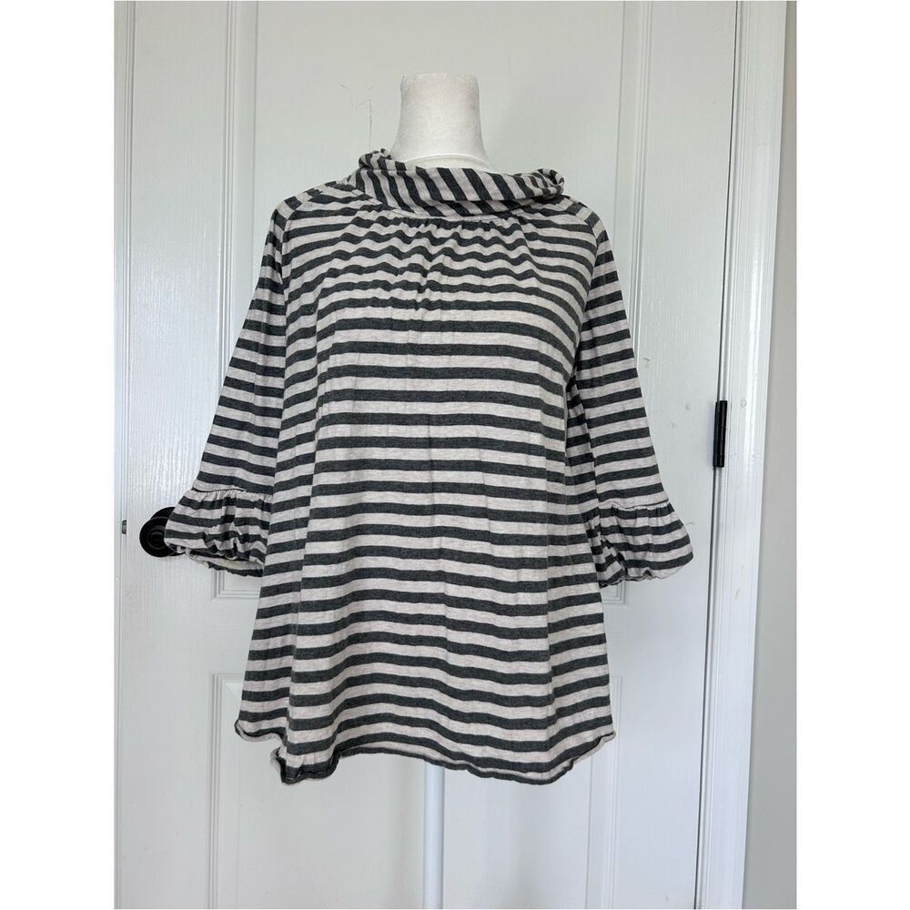 Gray & White Striped Cowl Neck Tunic Top Ruffle Bell Sleeve 100% Cotton Casual